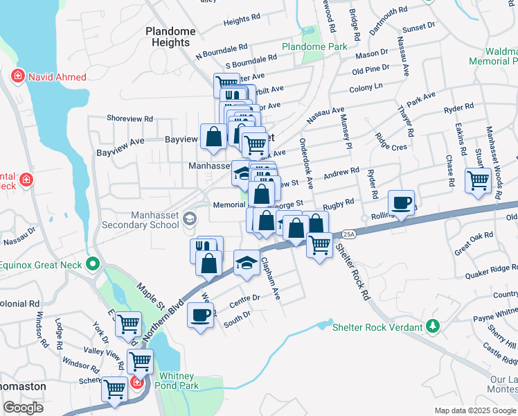 map of restaurants, bars, coffee shops, grocery stores, and more near 29 Dennis Street in Manhasset