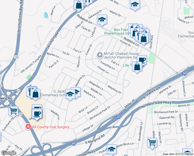 map of restaurants, bars, coffee shops, grocery stores, and more near 159 Maytime Drive in Jericho