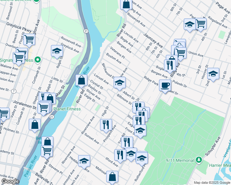 map of restaurants, bars, coffee shops, grocery stores, and more near 201 Crystal Street in North Arlington