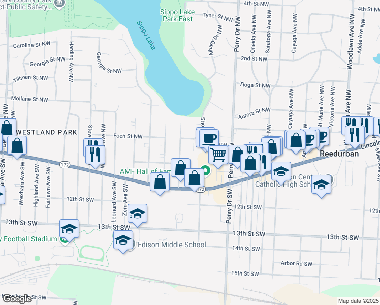 map of restaurants, bars, coffee shops, grocery stores, and more near 223 Sippo Avenue Northwest in Massillon