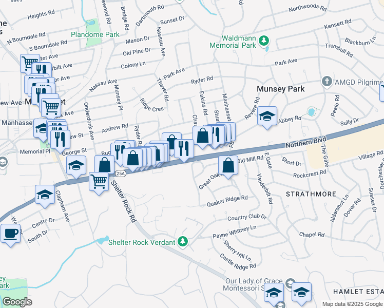 map of restaurants, bars, coffee shops, grocery stores, and more near 11 Deepdale Drive in Manhasset