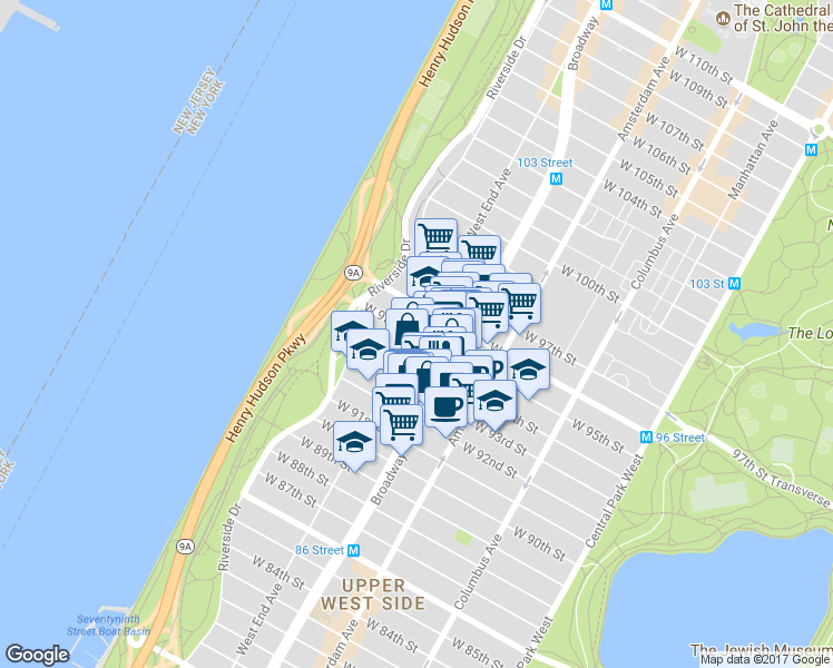 map of restaurants, bars, coffee shops, grocery stores, and more near 309 West 95th Street in New York