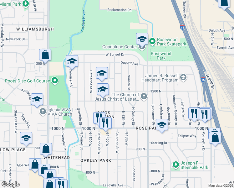map of restaurants, bars, coffee shops, grocery stores, and more near 1148 Colorado Street West in Salt Lake City