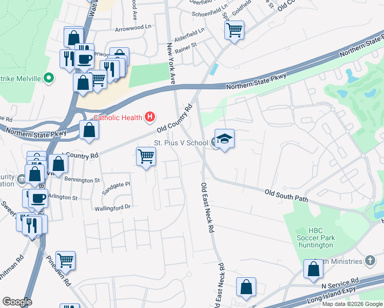 map of restaurants, bars, coffee shops, grocery stores, and more near in Melville