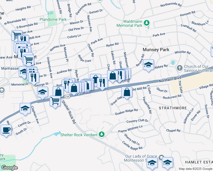 map of restaurants, bars, coffee shops, grocery stores, and more near 11 Deepdale Drive in Manhasset
