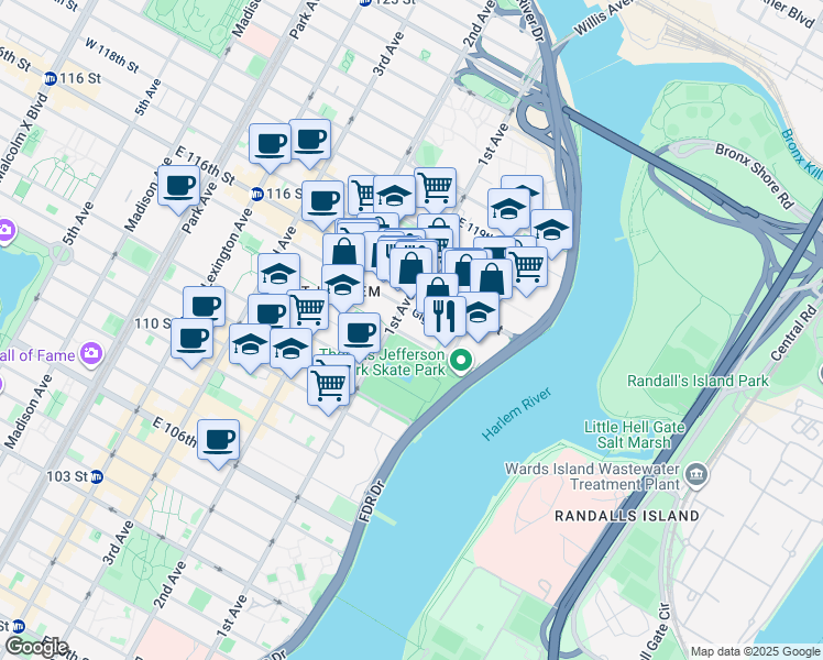 map of restaurants, bars, coffee shops, grocery stores, and more near 429 East 114th Street in New York