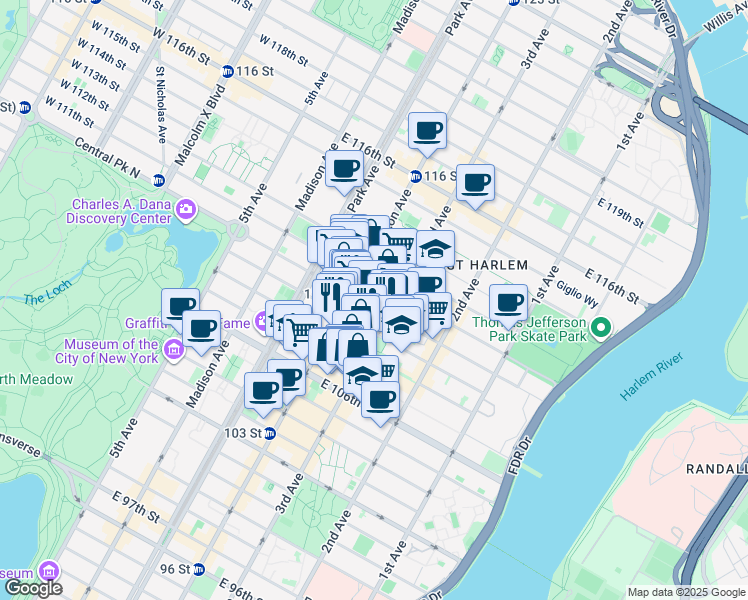 map of restaurants, bars, coffee shops, grocery stores, and more near in New York