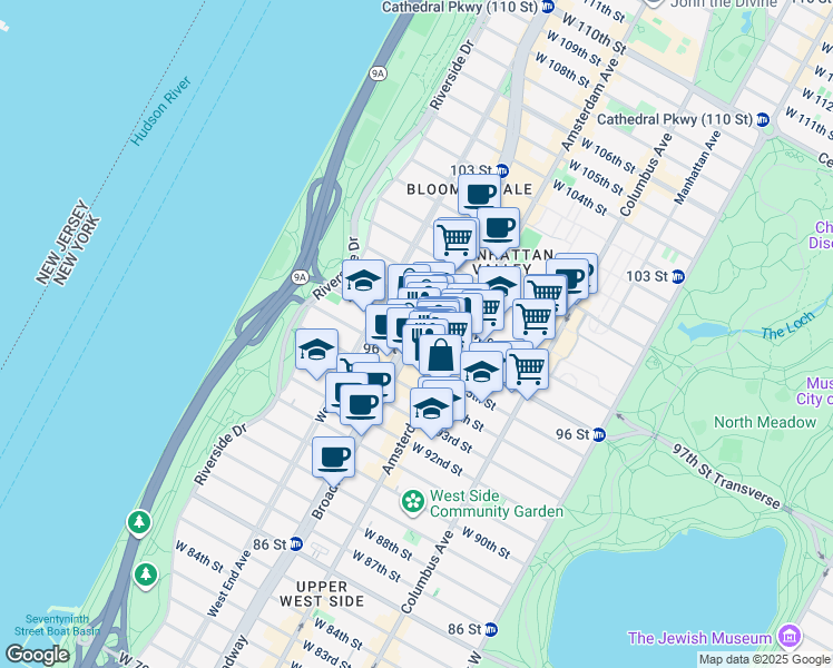 map of restaurants, bars, coffee shops, grocery stores, and more near 202 West 96th Street in New York