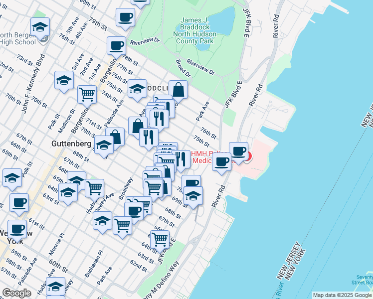 map of restaurants, bars, coffee shops, grocery stores, and more near 7301 Boulevard East in North Bergen