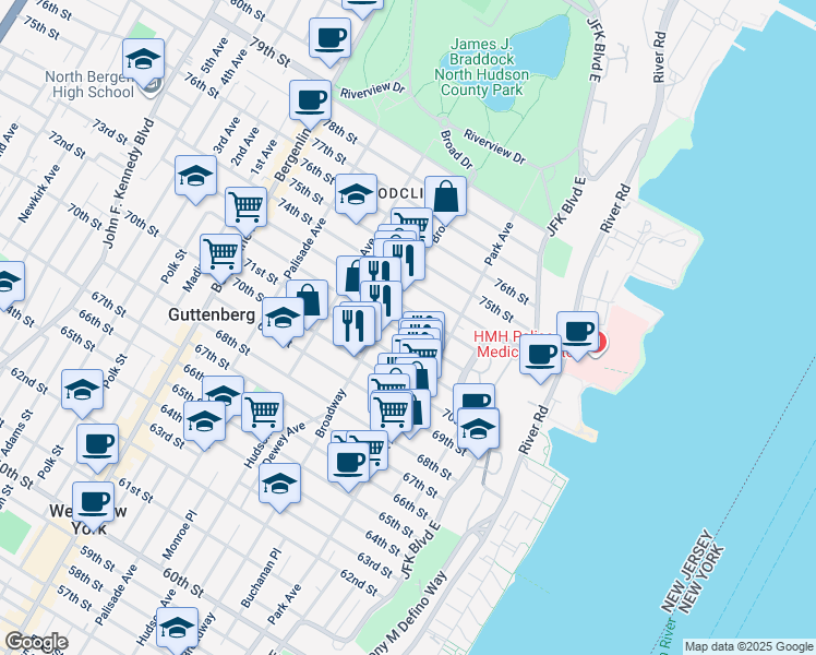 map of restaurants, bars, coffee shops, grocery stores, and more near in Hudson County