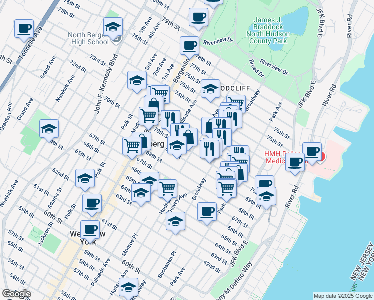 map of restaurants, bars, coffee shops, grocery stores, and more near 233 70th Street in Guttenberg