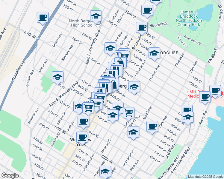 map of restaurants, bars, coffee shops, grocery stores, and more near 439 67th Street in West New York