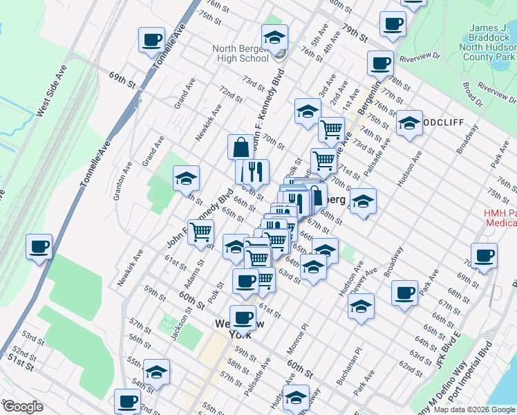 map of restaurants, bars, coffee shops, grocery stores, and more near 6518 Polk Street in West New York