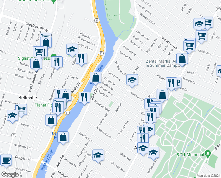 map of restaurants, bars, coffee shops, grocery stores, and more near 244 Stover Avenue in North Arlington