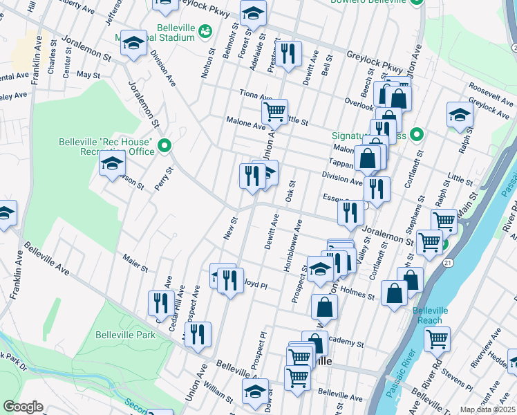 map of restaurants, bars, coffee shops, grocery stores, and more near 205 Dewitt Avenue in Belleville