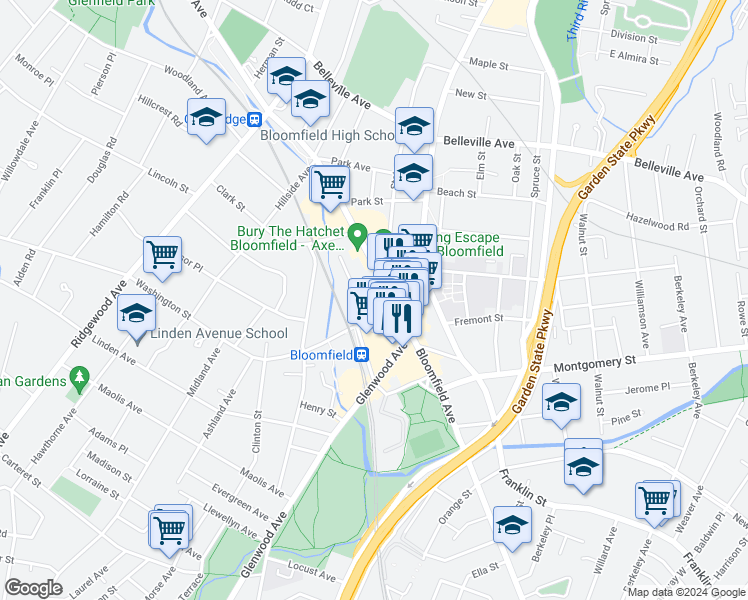 map of restaurants, bars, coffee shops, grocery stores, and more near 600 Bloomfield Avenue in Bloomfield