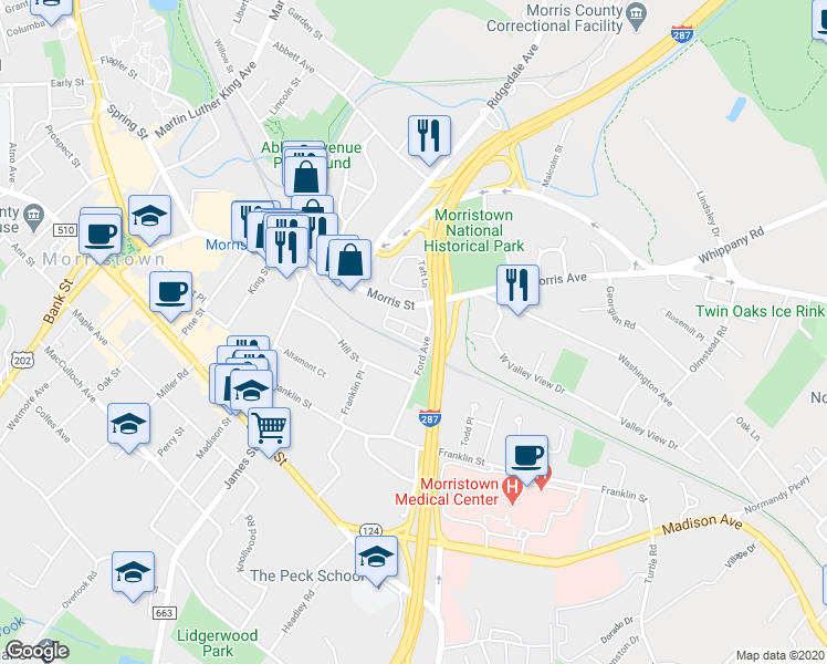 map of restaurants, bars, coffee shops, grocery stores, and more near 70-74 Hillside Terrace in Morristown