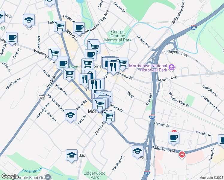 map of restaurants, bars, coffee shops, grocery stores, and more near 20 Elm Street in Morristown