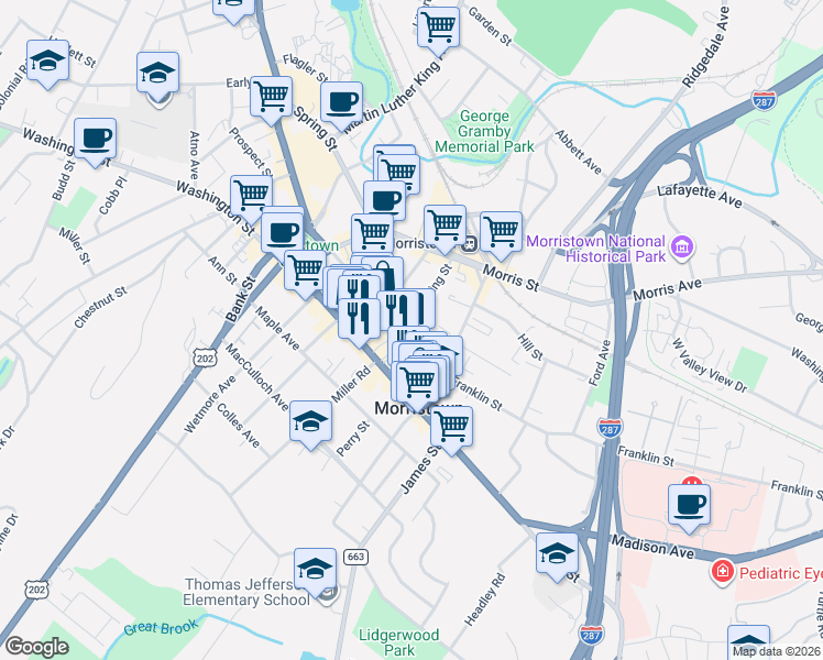 map of restaurants, bars, coffee shops, grocery stores, and more near 110 South Street in Morristown