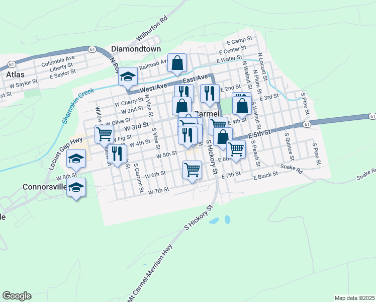map of restaurants, bars, coffee shops, grocery stores, and more near 230 South Oak Street in Mount Carmel