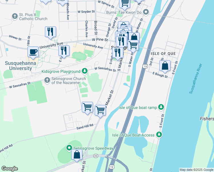 map of restaurants, bars, coffee shops, grocery stores, and more near 342 South Market Street in Selinsgrove