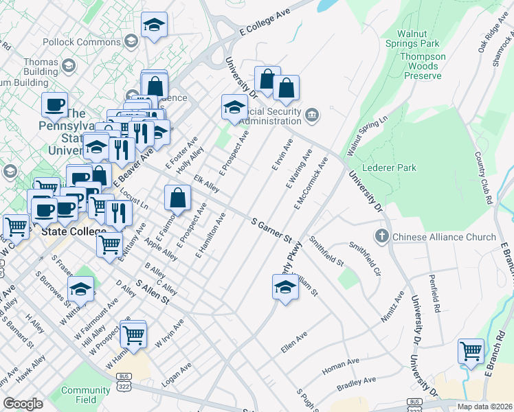 map of restaurants, bars, coffee shops, grocery stores, and more near 815 South Garner Street in State College