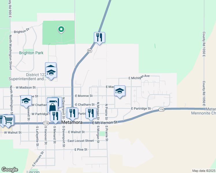 map of restaurants, bars, coffee shops, grocery stores, and more near 412-416 North Prairie Street in Metamora