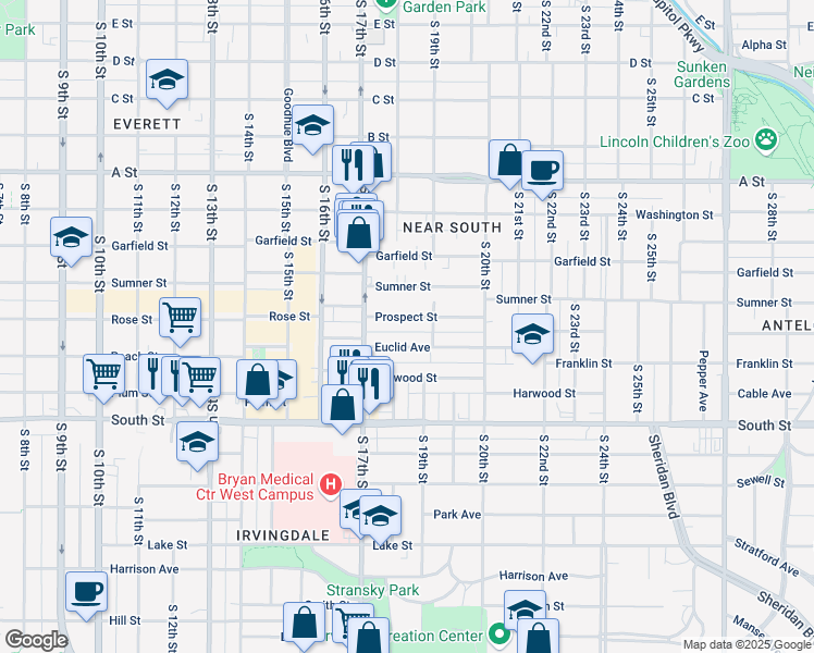 map of restaurants, bars, coffee shops, grocery stores, and more near 1836 Euclid Avenue in Lincoln