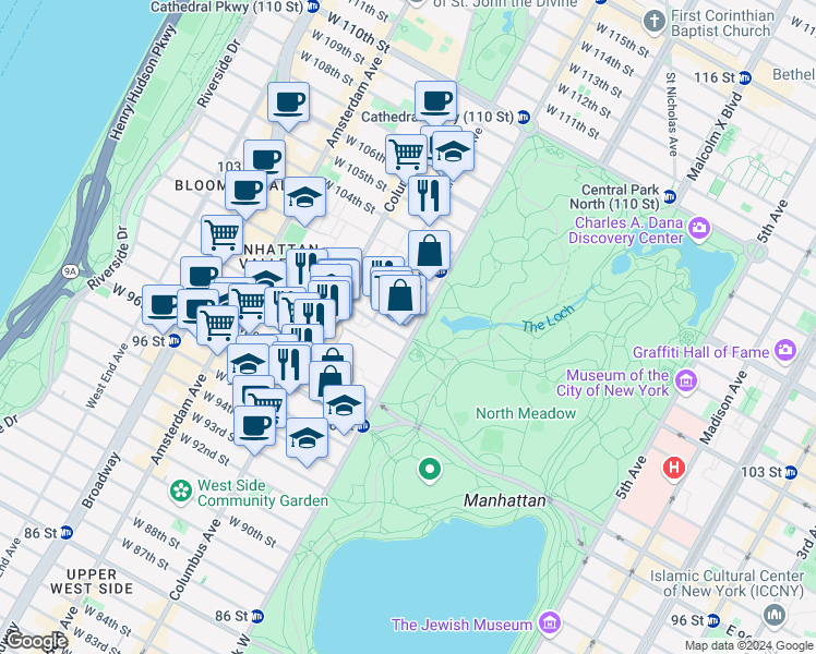 map of restaurants, bars, coffee shops, grocery stores, and more near 407 Central Park West in New York
