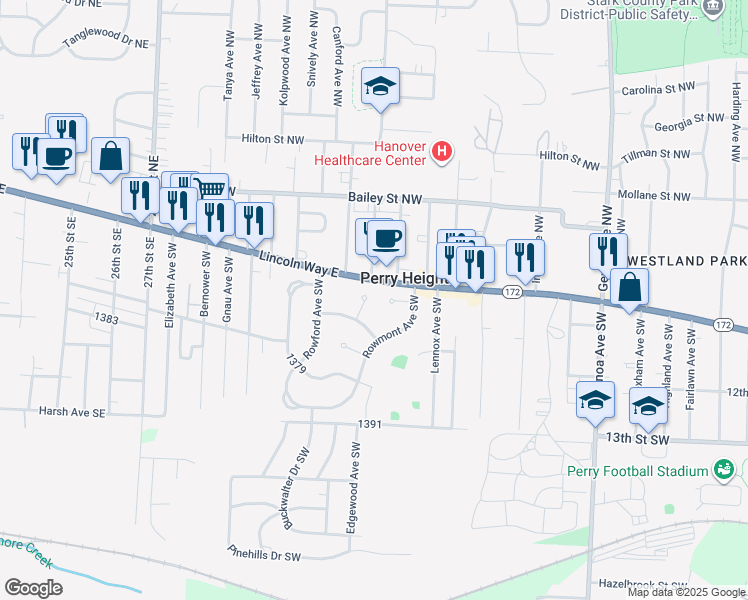 map of restaurants, bars, coffee shops, grocery stores, and more near 124 Star Circle Southwest in Massillon