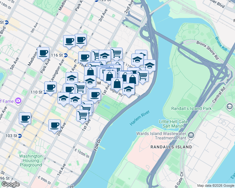 map of restaurants, bars, coffee shops, grocery stores, and more near 442 East 115th Street in New York