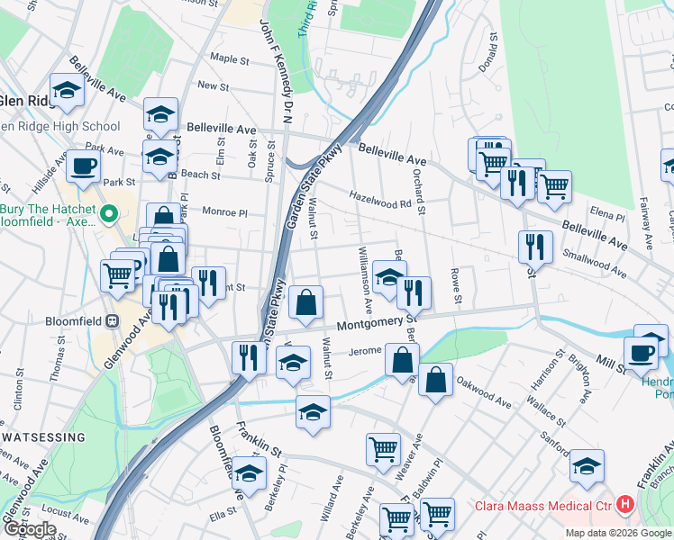 map of restaurants, bars, coffee shops, grocery stores, and more near 22 Walnut Terrace in Bloomfield