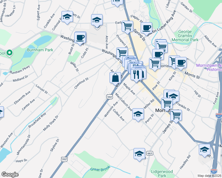 map of restaurants, bars, coffee shops, grocery stores, and more near 1 Mt Kemble Ave in Morristown