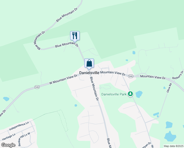 map of restaurants, bars, coffee shops, grocery stores, and more near 1362 Blue Mountain Drive in Danielsville