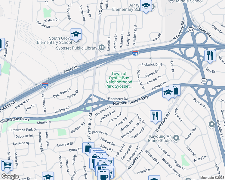 map of restaurants, bars, coffee shops, grocery stores, and more near 51 Elderberry Road in Syosset