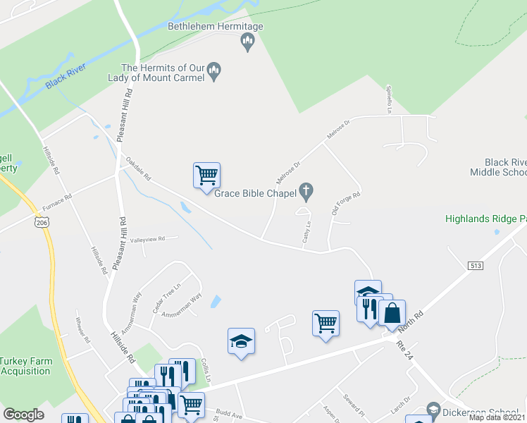 map of restaurants, bars, coffee shops, grocery stores, and more near 3 Melrose Drive in Chester