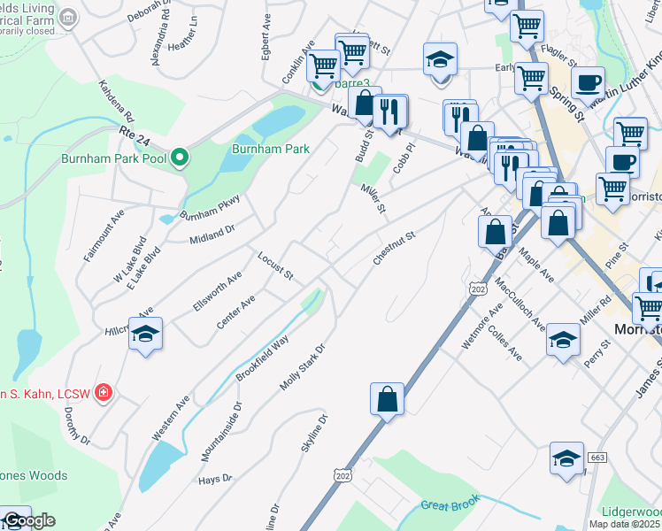 map of restaurants, bars, coffee shops, grocery stores, and more near Western Avenue & Cherry Street in Morristown