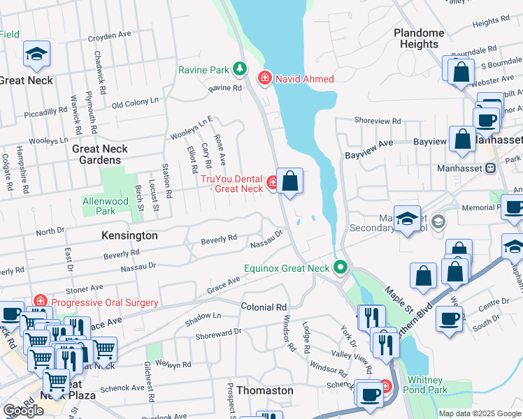 map of restaurants, bars, coffee shops, grocery stores, and more near 86 Arleigh Road in Great Neck
