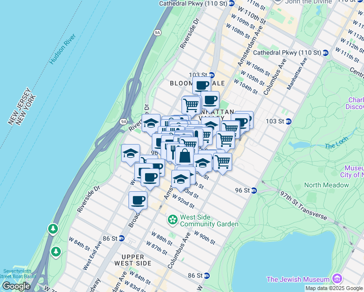 map of restaurants, bars, coffee shops, grocery stores, and more near 209 West 96th Street in New York