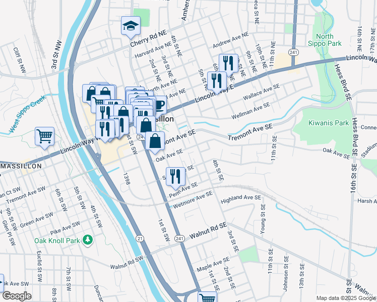 map of restaurants, bars, coffee shops, grocery stores, and more near 207 Oak Avenue Southeast in Massillon