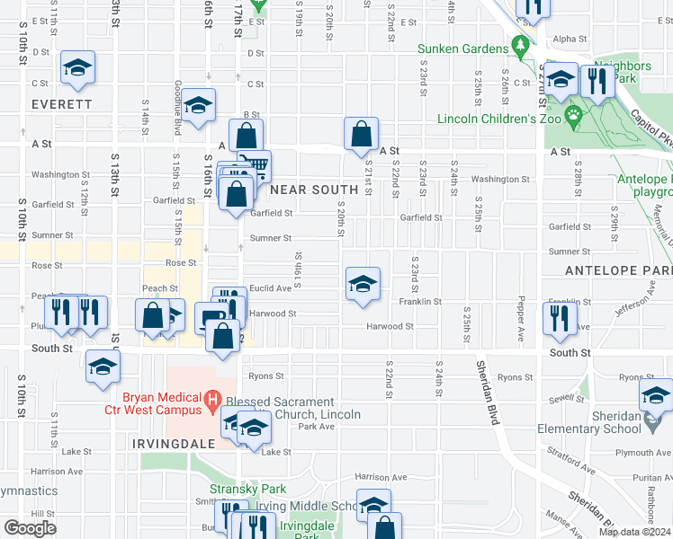 map of restaurants, bars, coffee shops, grocery stores, and more near 2001 Euclid Avenue in Lincoln