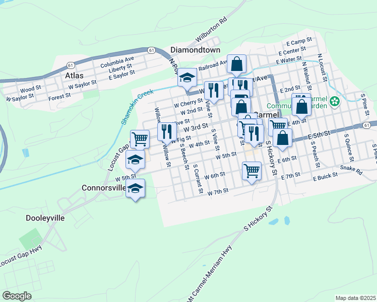 map of restaurants, bars, coffee shops, grocery stores, and more near 327 West 5th Street in Mount Carmel