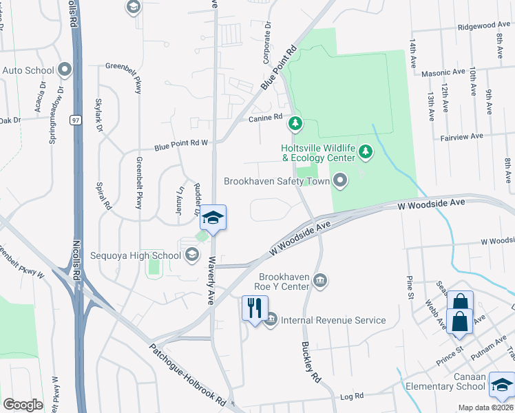 map of restaurants, bars, coffee shops, grocery stores, and more near 17 Woodbrook Circle in Holtsville