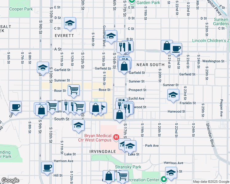 map of restaurants, bars, coffee shops, grocery stores, and more near 1828 South 16th Street in Lincoln