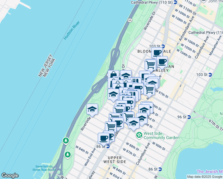 map of restaurants, bars, coffee shops, grocery stores, and more near 345 West 94th Street in New York