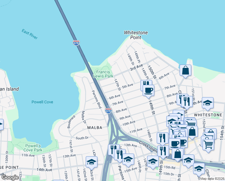map of restaurants, bars, coffee shops, grocery stores, and more near 145-68 6th Avenue in Queens
