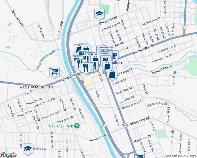 map of restaurants, bars, coffee shops, grocery stores, and more near 111 Tremont Avenue Southwest in Massillon