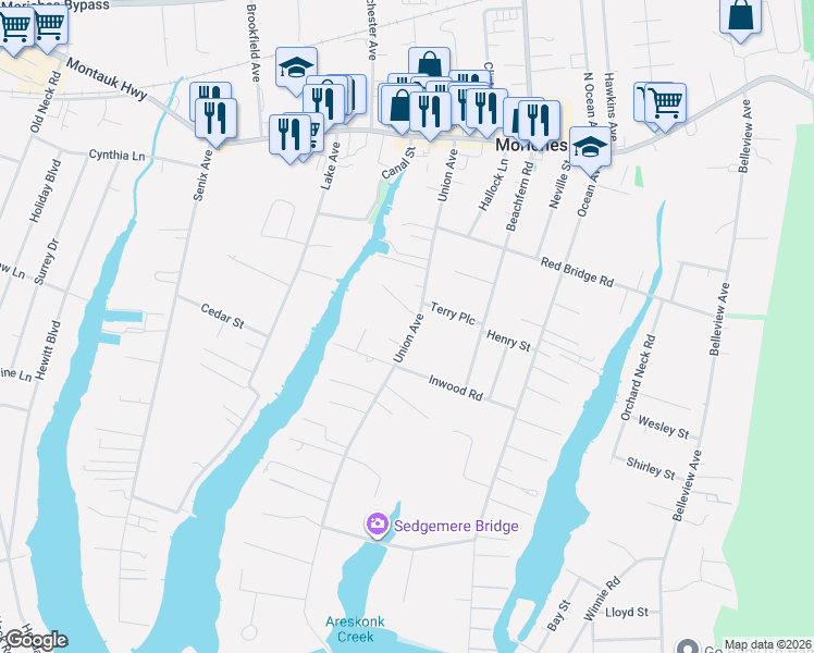 map of restaurants, bars, coffee shops, grocery stores, and more near 62 Union Avenue in Center Moriches
