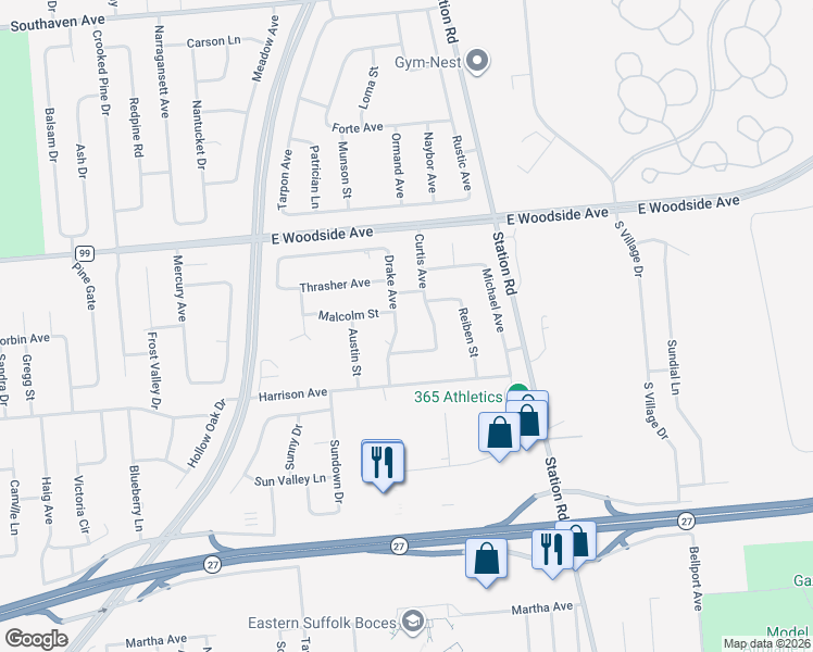 map of restaurants, bars, coffee shops, grocery stores, and more near 3 Curtis Avenue in Bellport