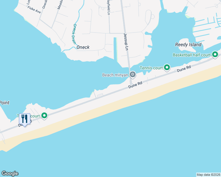 map of restaurants, bars, coffee shops, grocery stores, and more near 265 Dune Road in Westhampton Beach